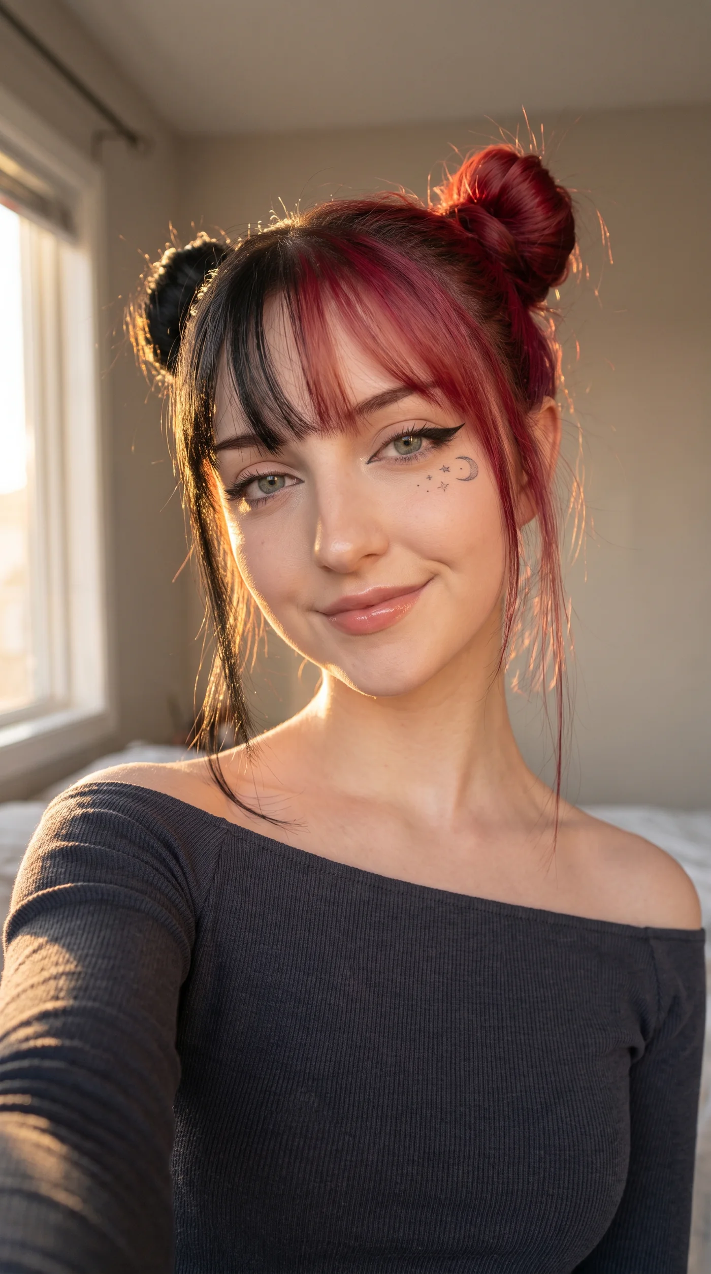 Sunlit creator portrait with black-and-red space buns and moon face detail